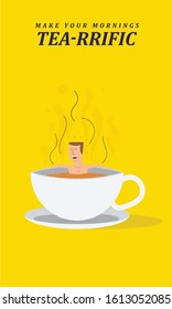 Guy/man taking bath and relaxing in tea cup. Tea Drinking Template Design. Bathing in tea concept.