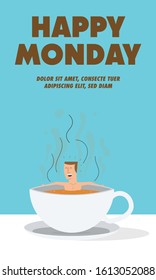 Guy/man taking bath and relaxing in tea cup. Tea Drinking Template Design. Bathing in tea concept.