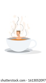 Guy/man taking bath and relaxing in tea cup. Bathing in tea concept.