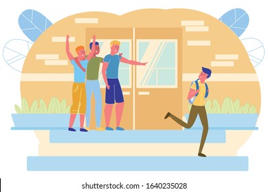 Guys Athletes Laughing at Nerd on School Porch. After School, Excellent Student Goes Home, but Hooligans Stand Behind him and Shout after him. They have Fun when Humiliate Guy and Make him Scared.