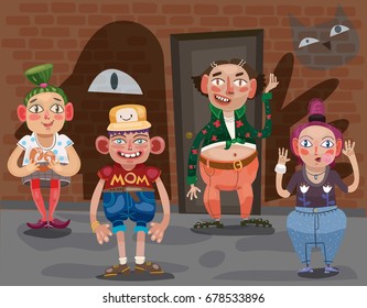 Guys and the brick wall. Four hand drawn character.