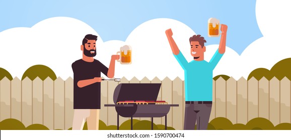 Guys Couple Preparing Meat On Grill African American Men Drinking Beer Outdoor Friends Having Fun Backyard Picnic Barbecue Party Concept Flat Portrait Horizontal Vector Illustration