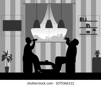 Guys drink beer in leisure time in the room at home silhouette