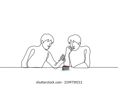 los chicos comen un pedazo de pastel para dos - un vector de dibujo de una línea. concepto de compartir la comida con un hermano o amigo, un postre caro