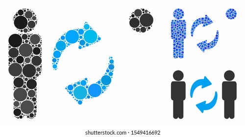 Guys exchange arrows composition of filled circles in various sizes and shades, based on guys exchange arrows icon. Vector filled circles are grouped into blue collage.