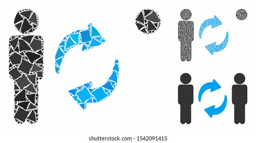 Guys exchange arrows composition of humpy items in different sizes and color tones, based on guys exchange arrows icon. Vector humpy items are combined into illustration.