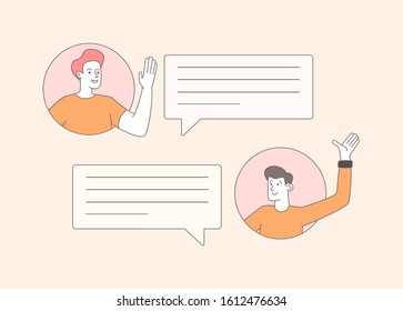 Guys exchanging messages outline vector illustration. Cheerful young men waving hands cartoon characters. Happy people and empty speech bubbles composition, communication concept design element