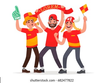 Guys fans cheer for their soccer team. Vector illustration in cartoon style