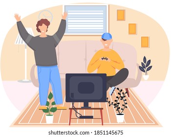 Guys friends play video games. Young men gaming with gamepad controller, holding joystick in hands flat vector illustration. Man sitting on the floor in livigroom interior and playing a computer game