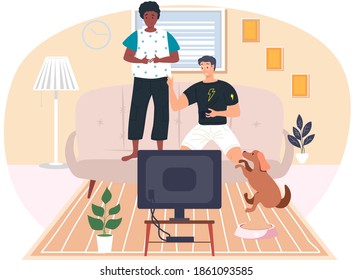 Guys friends play video games. Young men gaming with gamepad controller, holding joystick in hands flat vector illustration. Man sitting on the sofa in livigroom interior and playing a computer game