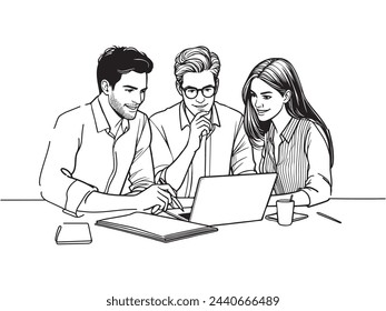 Guys and girl working on a laptop, line art work discussion on white background. Office work, freelancer. Vector outline illustration