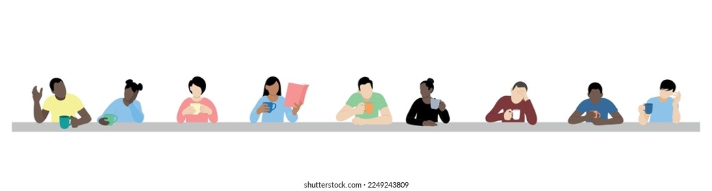 Chicos y chicas con tazas en las manos están sentados en una mesa muy larga, vector plano, aislados en blanco, ilustración sin rostro, concepto de café, fiesta de té, gente de diferentes nacionalidades