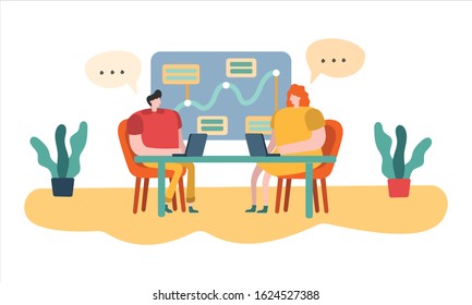 guys and girls are developing an idea. people work and analyze. conversation. meeting. People discuss work topics. Simple flat vector cartoon illustration.