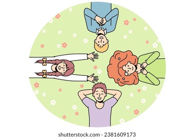 Guys, girls lie on grass among flowers in different directions, look at sky, laugh. Friends spend time at lawn. Top view. Hello spring, summer concept. Vector colorful outline illustration.