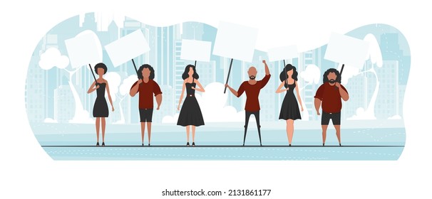 Guys and girls are protesting. Banner in blue tones. Vector illustration in a flat style.