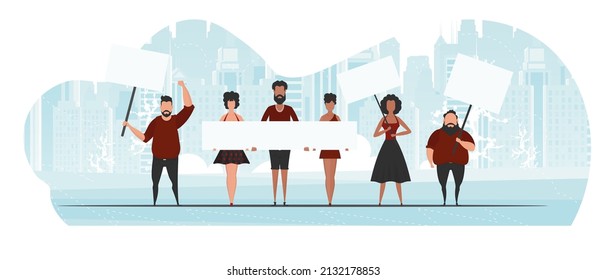 Guys and girls are protesting. Banner in blue tones. Vector in cartoon style.