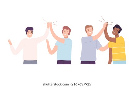 Guys giving high five set. Meeting of friends, informal greeting, command motivation and communication vector illustration