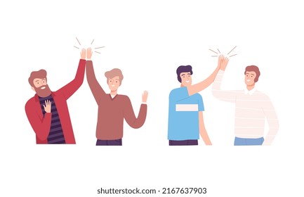 Guys greeting each other set. Meeting of friends, command motivation vector illustration