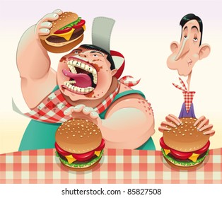 Guys with hamburgers. Cartoon and vector illustration.