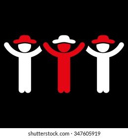 Guys Hands Up Roundelay vector icon. Style is bicolor flat symbol, red and white colors, rounded angles, black background.