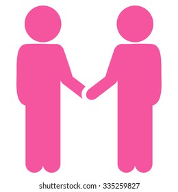 Guys Handshake vector icon. Style is flat symbol, pink color, rounded angles, white background.