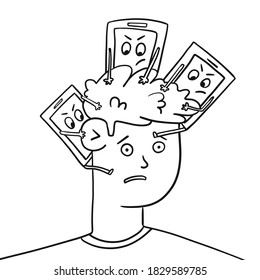 Guy's head is busy with phones, flat banner. The guy's head is busy with phones, flat banner. The influence of mobile phones on the health of a teenager. Dangerous addiction