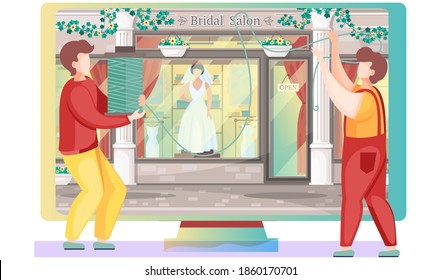 The guys are holding a skein of thread in their hands. Wedding boutique on the background. Mannequin with a white dress. Shop of goods and festive clothing. Young people pull the thread and work