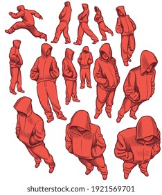 Guys in hoods. Design set. Art detailed editable illustration. Vector vintage engraving. Isolated on white background. 8 EPS