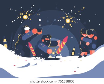 Chicos lanzando fuegos artificiales. Saludo de Año Nuevo o Navidad. Ilustración del vector