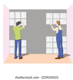 The guys laying tiles. Two workers laying tiles on the walls of a house. Geometry. Mathematical problem solving. How many tiles can be laid on the wall. Vector Illustration.