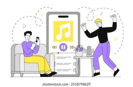 Chicos escuchando música. Hombres cerca de un enorme teléfono inteligente con reproductor de audio. Canciones y listas de reproducción favoritas. Entretenimiento y ocio en interiores. Ilustración vectorial lineal aislada sobre fondo blanco