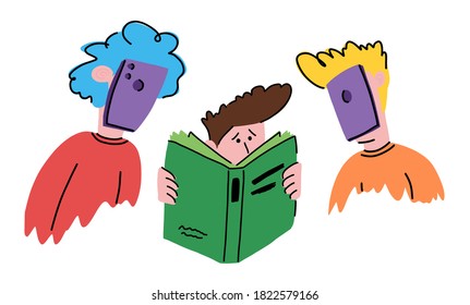 Guys are looking at the phone or book, vector illustration. Students look for information in books or smartphones