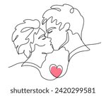 Guys in love kiss. Drawn couple line art. Young man kiss, two guys. Red heart shape. LGBT concept. Aesthetics of minimalistic poster . Vector illustration.