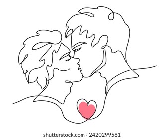 Chicos con un beso amoroso. Dibujo de la línea de la pareja. Un joven besa, dos chicos. Forma de corazón rojo. Concepto LGBT. Estética del afiche minimalista . Ilustración vectorial.