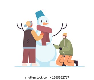 guys in masks making snowman mix race boys having winter fun outdoors activities coronavirus quarantine concept full length vector illustration