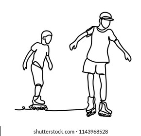 The guys on the rollers. Continuous line drawing. Isolated on the white background. Vector monochrome, drawing by lines