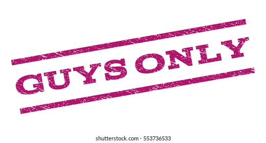 Guys Only watermark stamp. Text tag between parallel lines with grunge design style. Rubber seal stamp with unclean texture. Vector purple color ink imprint on a white background.