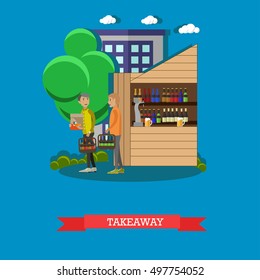 Guys ordered beer takeaway. Brewery and beer restaurant concept vector illustration.