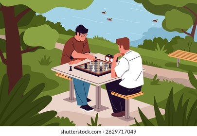 Guys in park playing chess. Outdoor board games, people on shore of pond, walking, relaxing, funny time with friends on nature, competitive battle, cartoon flat style isolated nowaday vector concept