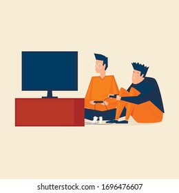 Guys play computer games at home, self-isolation. Flat style vector illustration.