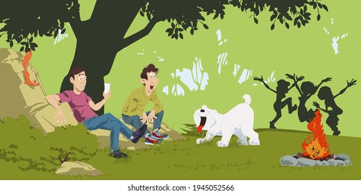 Guys are playing with dog. Tourists on vacation. People in nature. Humans outdoor. Illustration concept for mobile website and internet development.