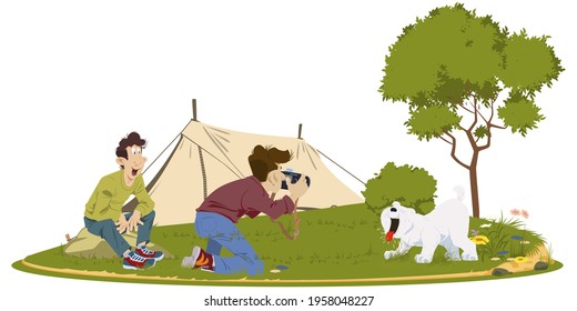 Guys are playing with dog. Tourists on vacation. People in nature. Humans outdoor. Illustration concept for mobile website and internet development.