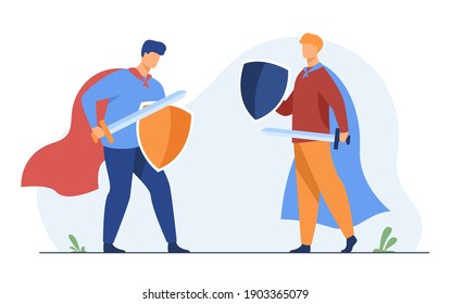 Guys playing knights and fighting. Warrior roles, costumes, capes, sword, shields. Flat vector illustration. Battle, arguing, game concept for banner, website design or landing web page