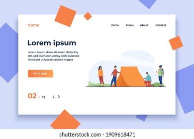 Guys putting up tent on nature and women watching. Camp, backpack, travel flat vector illustration. Adventure and weekend concept for banner, website design or landing web page