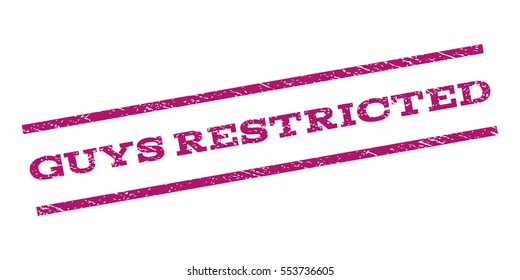 Guys Restricted watermark stamp. Text tag between parallel lines with grunge design style. Rubber seal stamp with unclean texture. Vector purple color ink imprint on a white background.