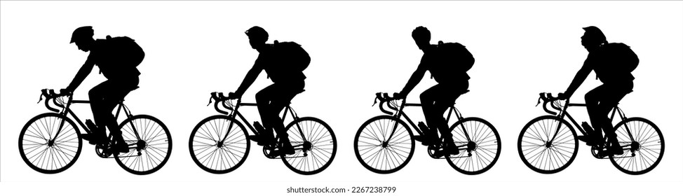 Guys riding bicycles ride in one line, one after another. Protective sports helmet, backpack, bicycle. Cycling. Side view, profile. Four male silhouettes in black color isolated on white background