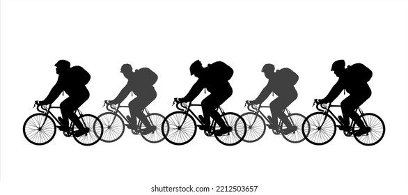 Guys riding bikes. Five silhouettes of cyclists in bicycle helmets and with backpacks on their backs. Sports competitions on bicycles. Side view, profile. Black silhouette isolated on white background