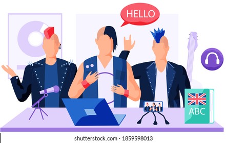 Guys in rock clothes communicate in foreign language. Music group recording a new track. The guy with the long bangs says hello. Rock band spend time and creates music together. Foreigners sing songs