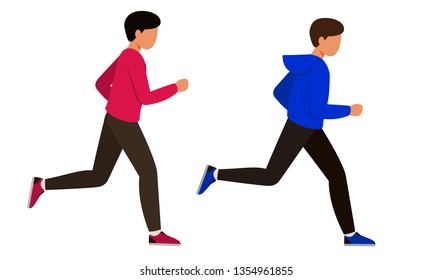 The Guys Running Fast. People Jogging. Two Young Men In Sportswear Involved In Sports. Vector Illustration