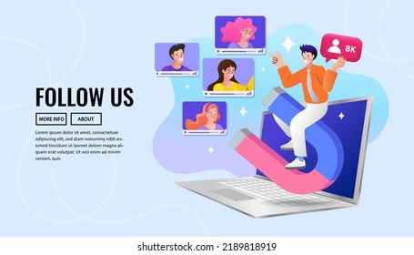 Guys sit on big magnets to attract likes, Feedback and Followers in Internet. Smm Influencer Strategy. Attracting followers, follow us on social media, subscriber counting concept. Vector Illustration
